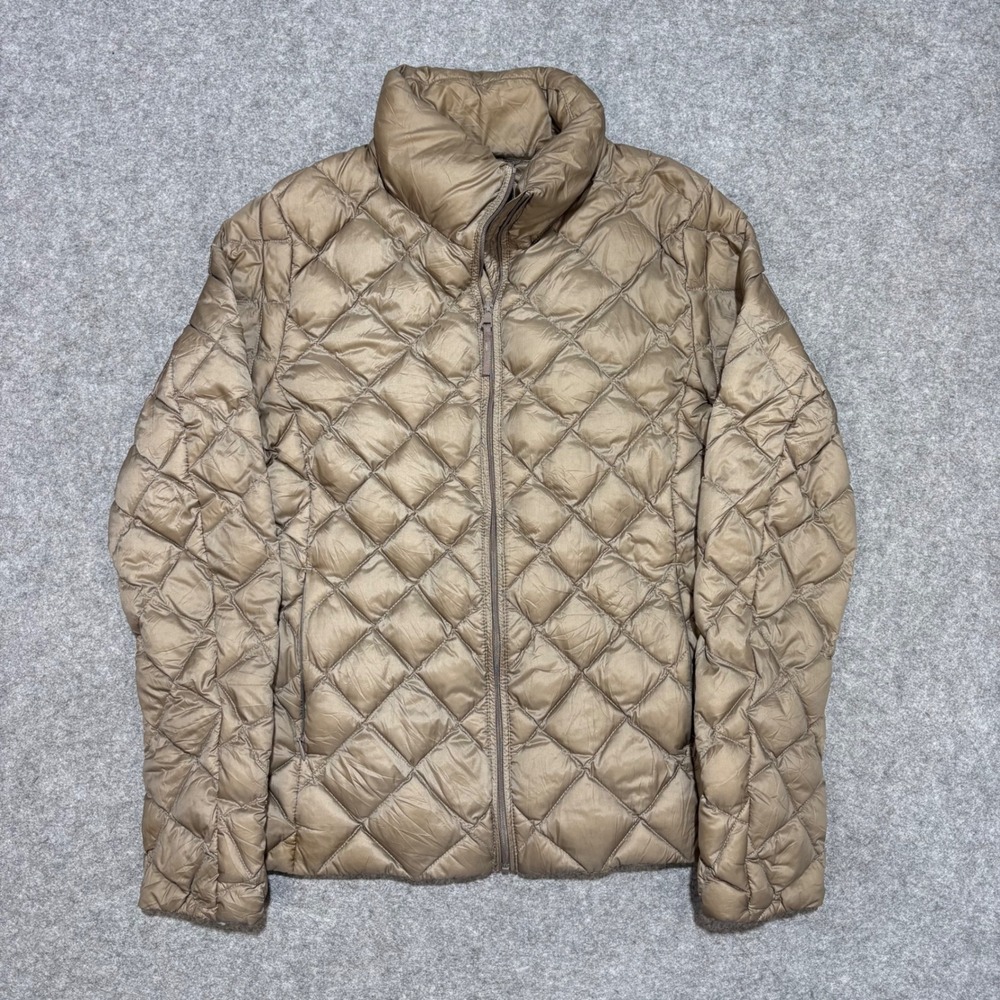 Uniqlo Ultra Light Down Jacket Tan Khaki Diamond Quilt Full Zip Puffer Womens M